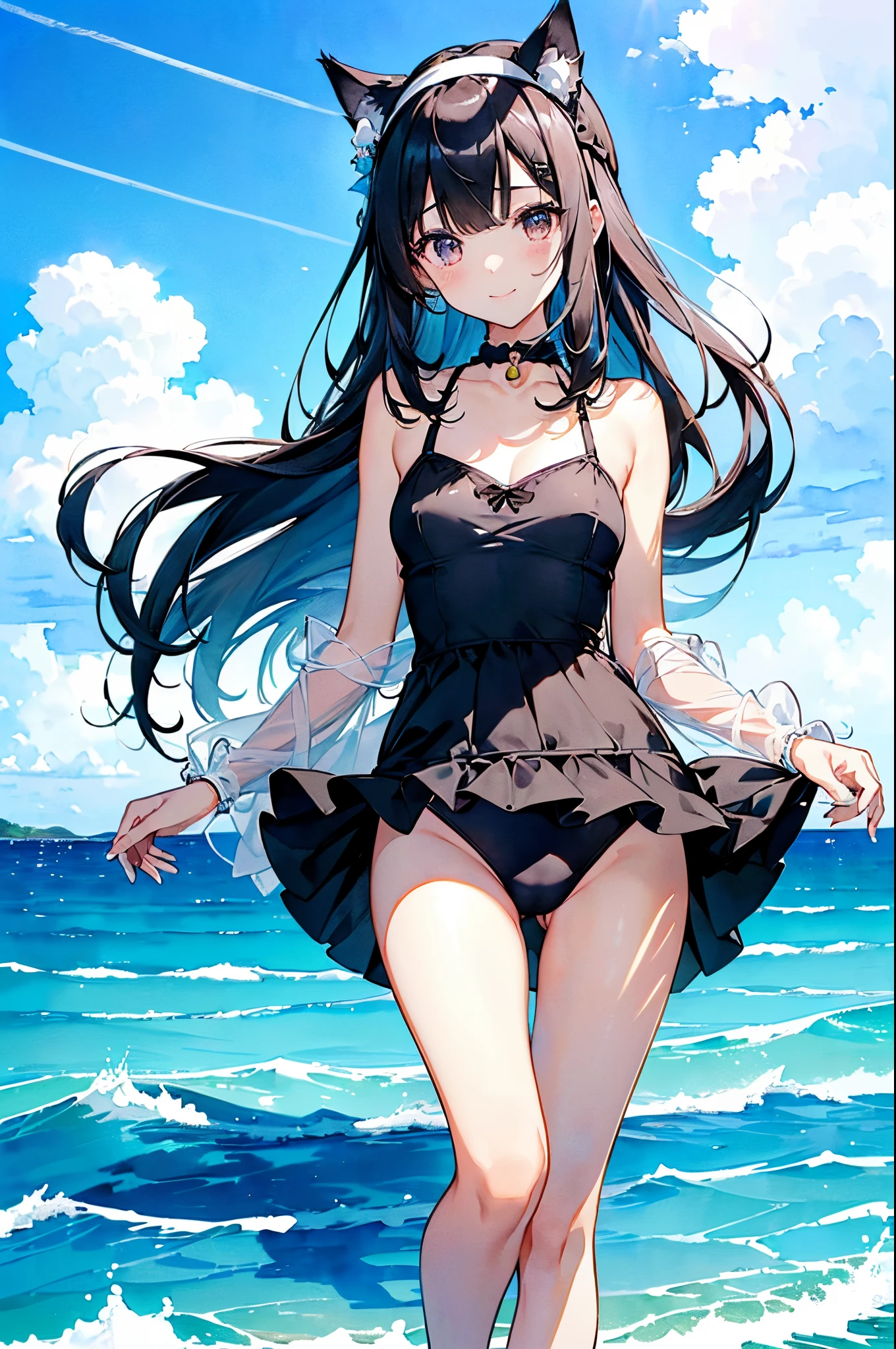 ((2D beautiful girl、top-quality、Perfect fingers:1.1、perfect anatomia:1.1、Dress perfectly、face perfect:1.1、Watercolor style))、(transform sequence)、((cute decorative headbands)、cute white and black swimsuit、years、Solio、hime、Fractal Art、baace、(ight long hair))、(Thin and beautiful legs)、Beautiful big drooping eyes、(full body photographed:1.1、Zoom out and shoot)、((1 persons))、Blue sky and sea background、Cat's ears、A smile