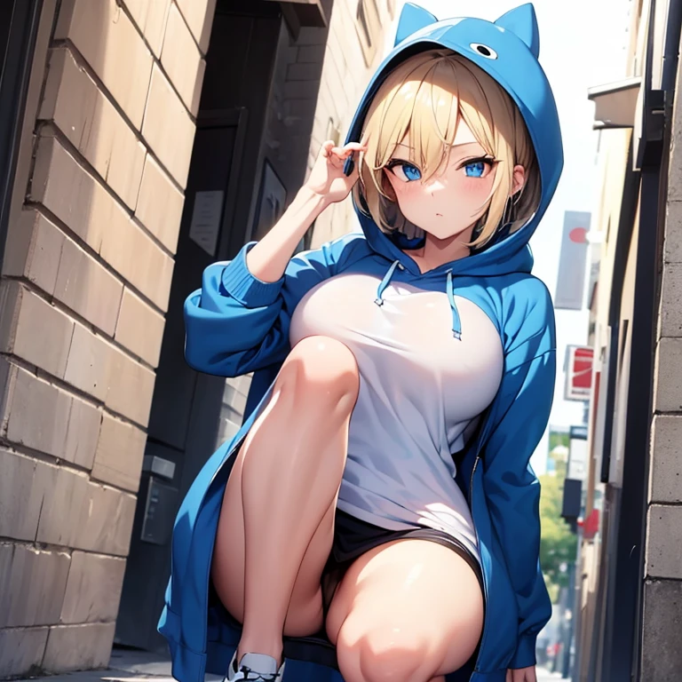 2D Anime Style、Blue eyes、breasts are slightly larger、A cool adult woman with short blonde hair and a cool expression、Touching your hair、Walking around town wearing a knee-length oversized hoodie like a dress.........,