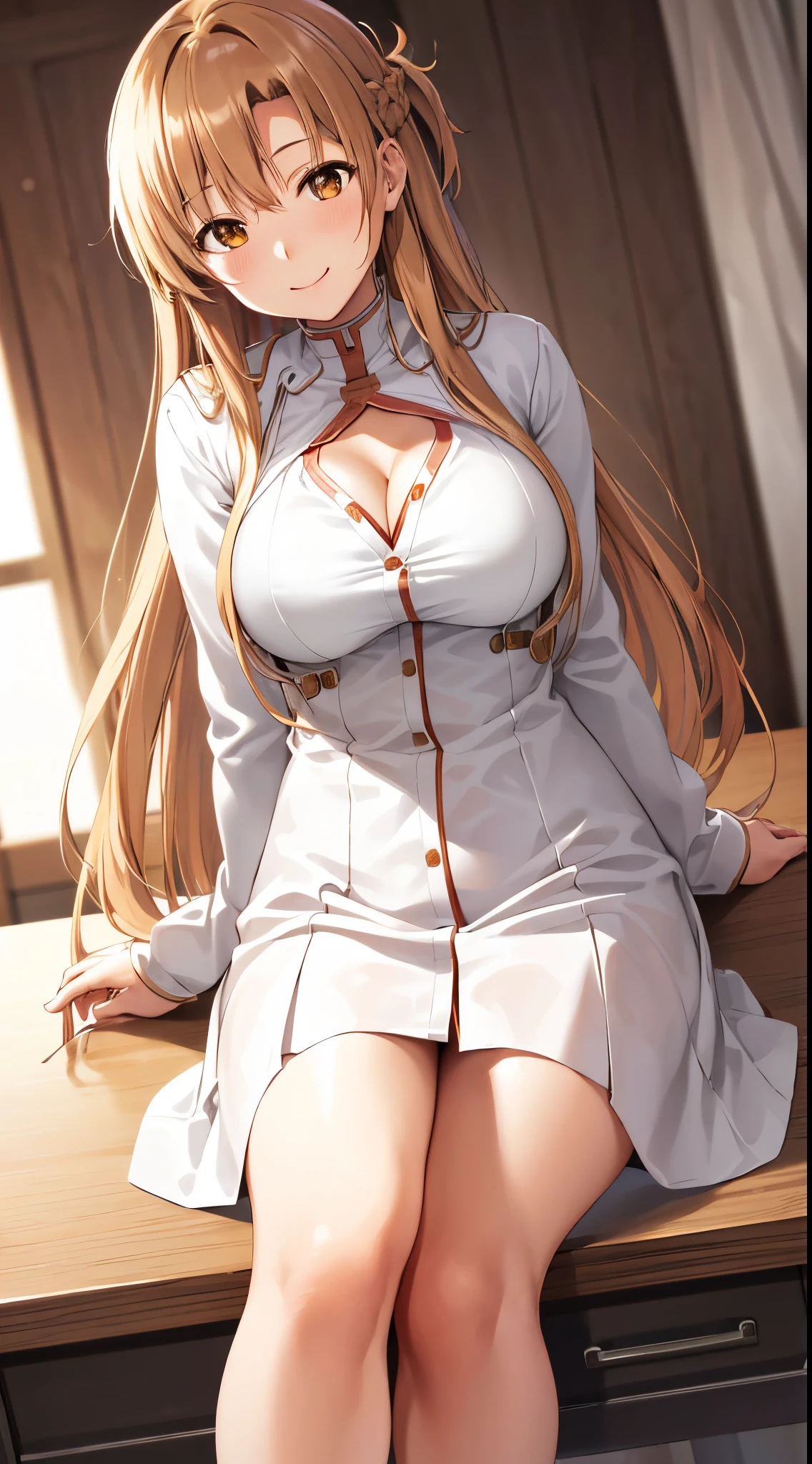 (Best quality:1.3), asuna yuuki, light brown long hair, large breasts, white buttoned shirt, cleavage, black tight skirt, sitting on desk, smiling, (pov, close shot)