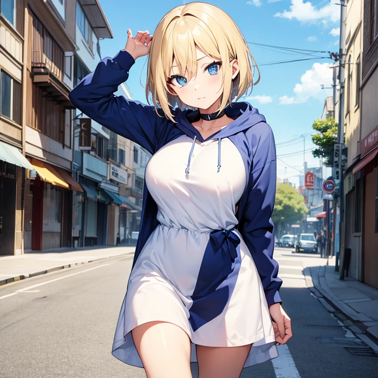 2D Anime Style、Blue eyes、breasts are slightly larger、A cool adult woman with short blonde hair and a cool expression、Walk around town wearing a knee-length oversized hoodie like a dress and touching your hair..........,