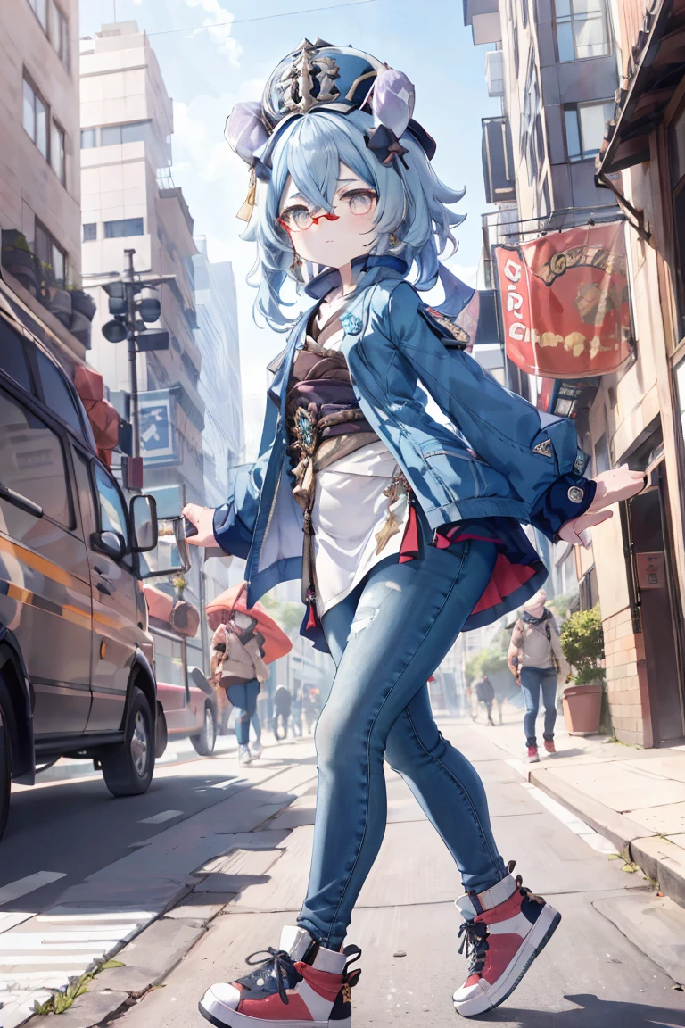 Melousine|genshin impact, masterpiece, bestquality,3 girl,young girl, Wear glasses, long-haired, blue hair,unstable _Front,oily shiny skin,flat chest,nice leg line:1.3,thick thighs, thin-waist,, red_streaks_light_wrap_dress, white_platform_sneakers, woven_El_bag, straw_headgear, gold_hoop_earrings, jacket, long jeans city scenery,looking at the audience,From Top:1.2,dynamic angle