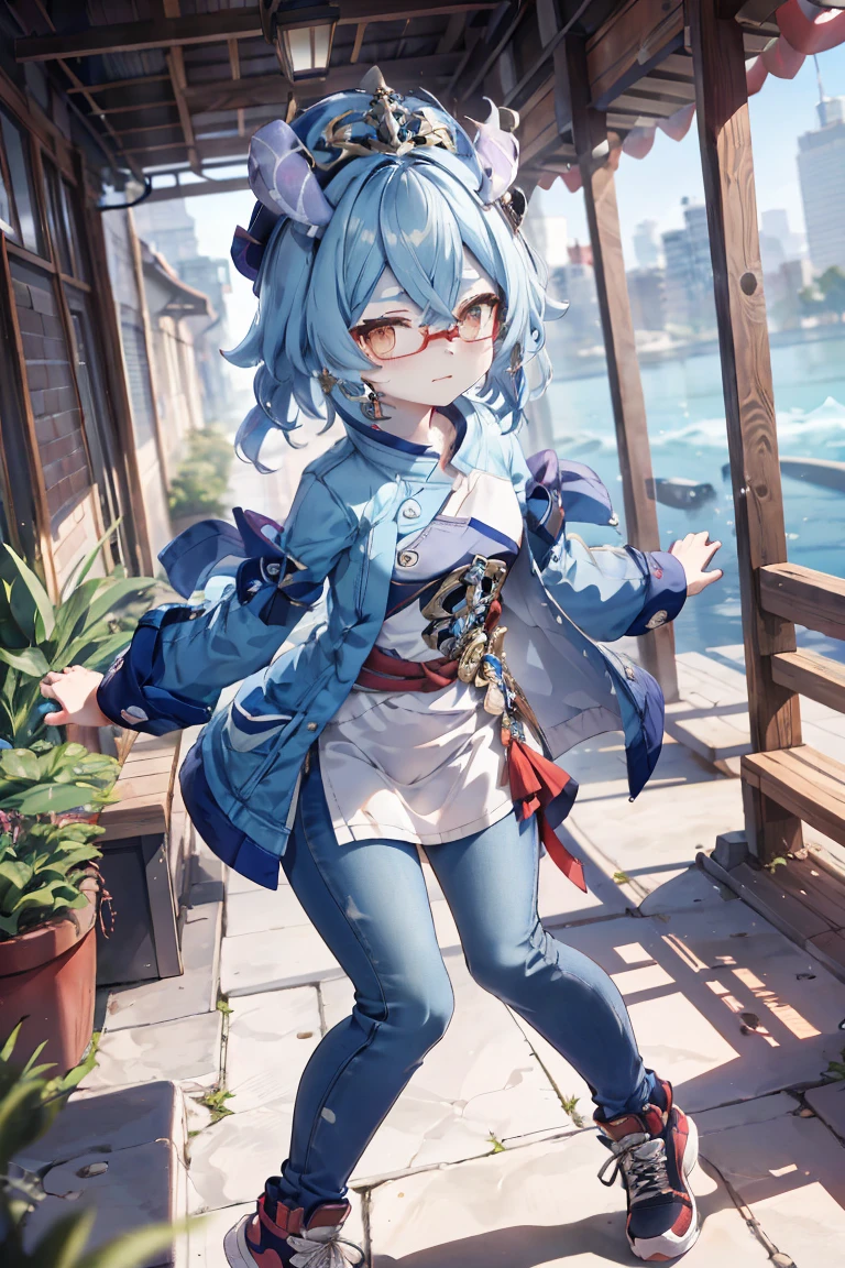 Melousine|genshin impact, masterpiece, bestquality,3 girl,young girl, Wear glasses, long-haired, blue hair,unstable _Front,oily shiny skin,flat chest,nice leg line:1.3,thick thighs, thin-waist,, red_streaks_light_wrap_dress, white_platform_sneakers, woven_El_bag, straw_headgear, gold_hoop_earrings, jacket, long jeans city scenery,looking at the audience,From Top:1.2,dynamic angle