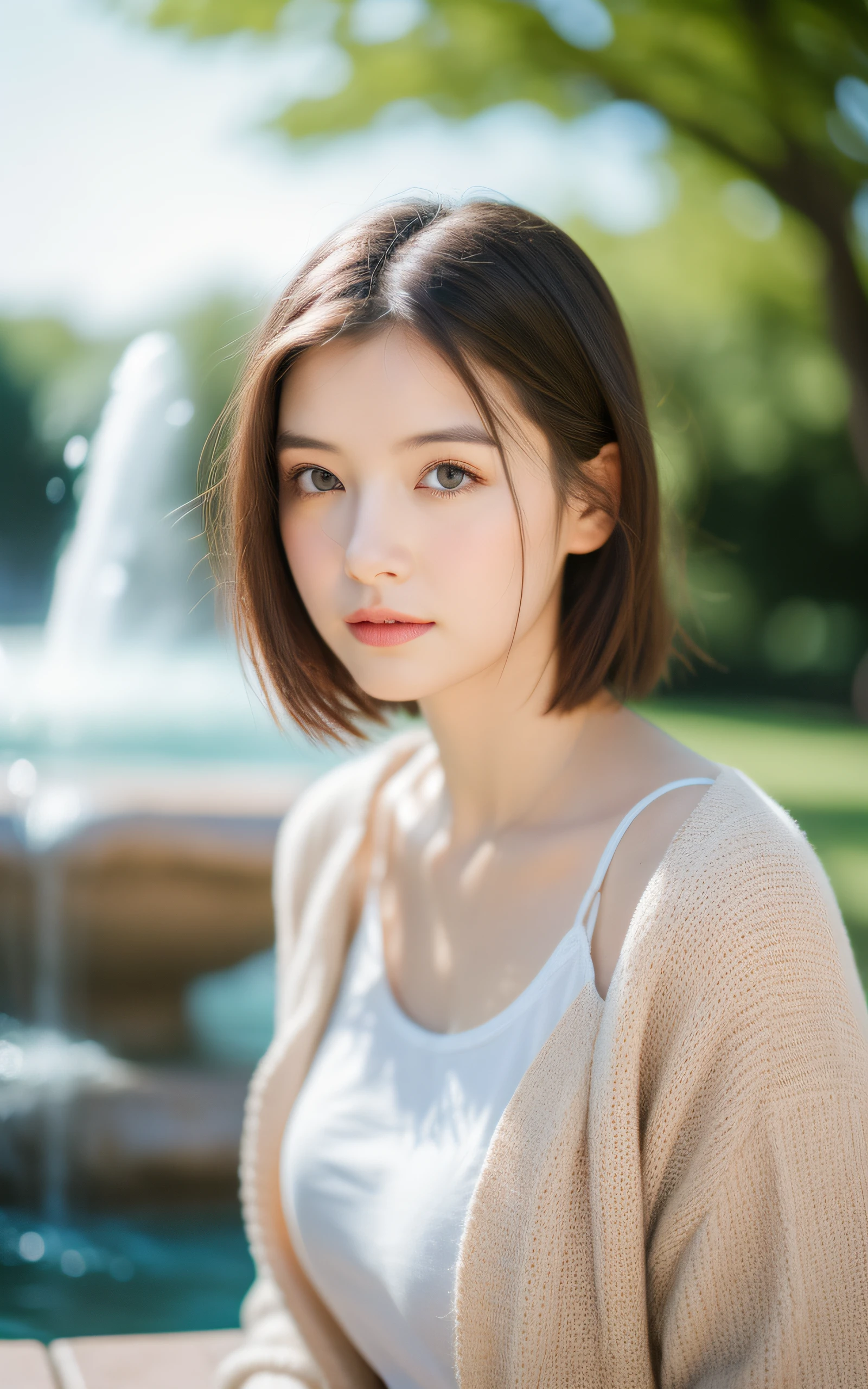 masterpiece, Best Quality, 8K, 1 girl, park with fountain, 20 yo, medium breast, cuddly, Solo, sad, spring outfit, Cute, Girly, Delicate girl, Neat and clean beauty, Raw photo, Professional Photography, Portrait, Soft light, Professional Lighting, Back lighting, Upper body, look forward to your eyes, Sophisticated, Film grain, (Eyes and faces with detailed:1.0), short hair, beautiful brown flowing hair,