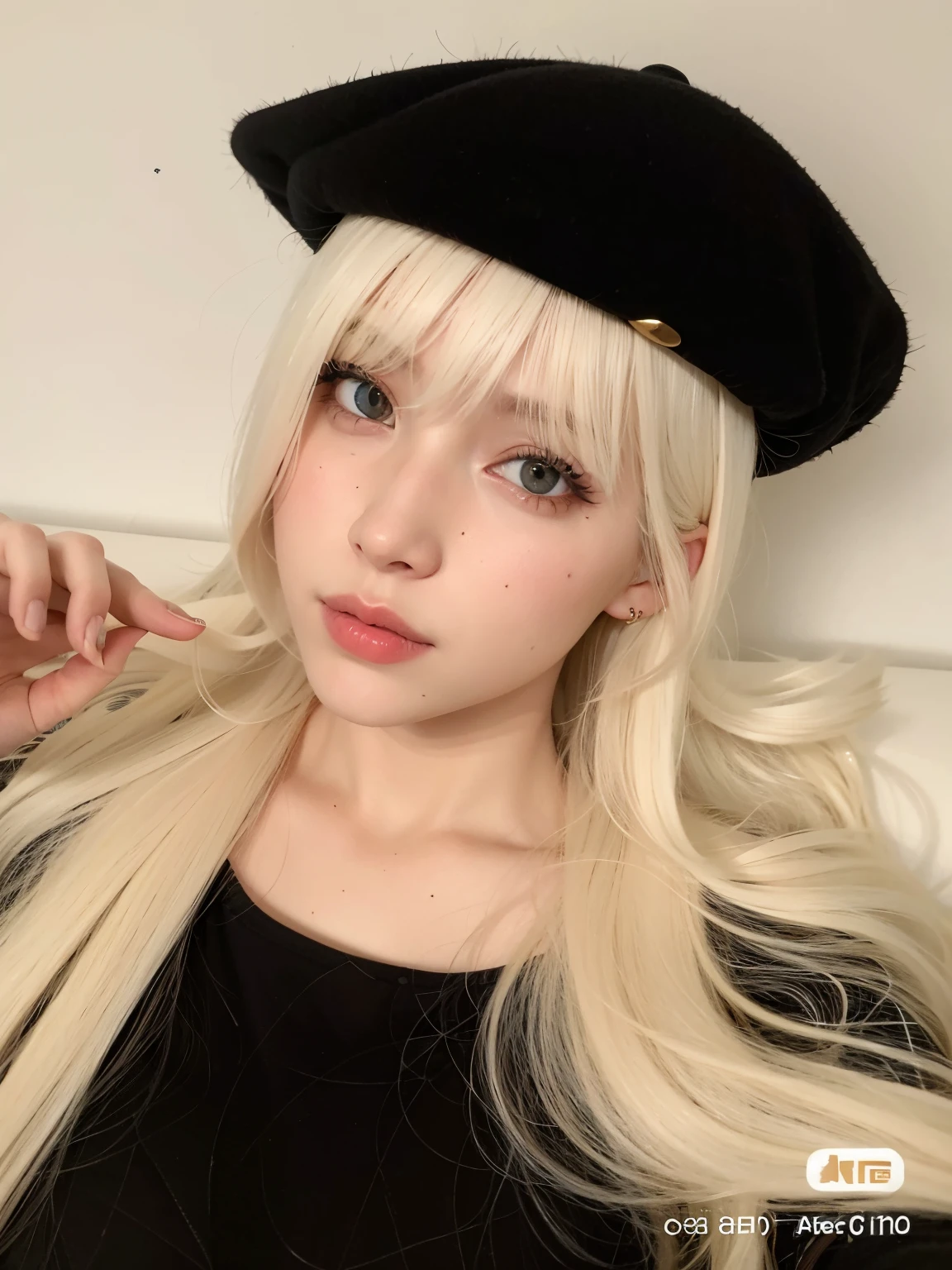Mulher loira com cabelo comprido vestindo uma boina e camisa preta, longos cabelos brancos e franja, com cabelos longos brancos, com longos cabelos brancos, extremely pale blond hair, com longos cabelos loiros, ava max, Ulzzang, portrait of japanese gyaru, very very pale blond hair, boina preta, linda Delphine, longos cabelos loiros e olhos grandes