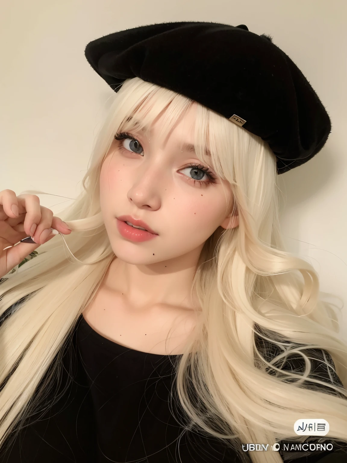 Mulher loira com cabelo comprido vestindo uma boina e camisa preta, longos cabelos brancos e franja, com cabelos longos brancos, com longos cabelos brancos, extremely pale blond hair, com longos cabelos loiros, ava max, Ulzzang, portrait of japanese gyaru, very very pale blond hair, boina preta, linda Delphine, longos cabelos loiros e olhos grandes