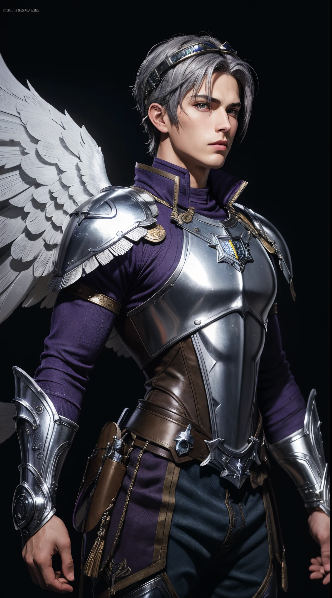 (absurdres, highres, ultra detailed, HDR), masterpiece, best quality, Valkyrie Profile Character handsome boy in purple Valkyrie suit short hair wearing headgear silver dark grey hair