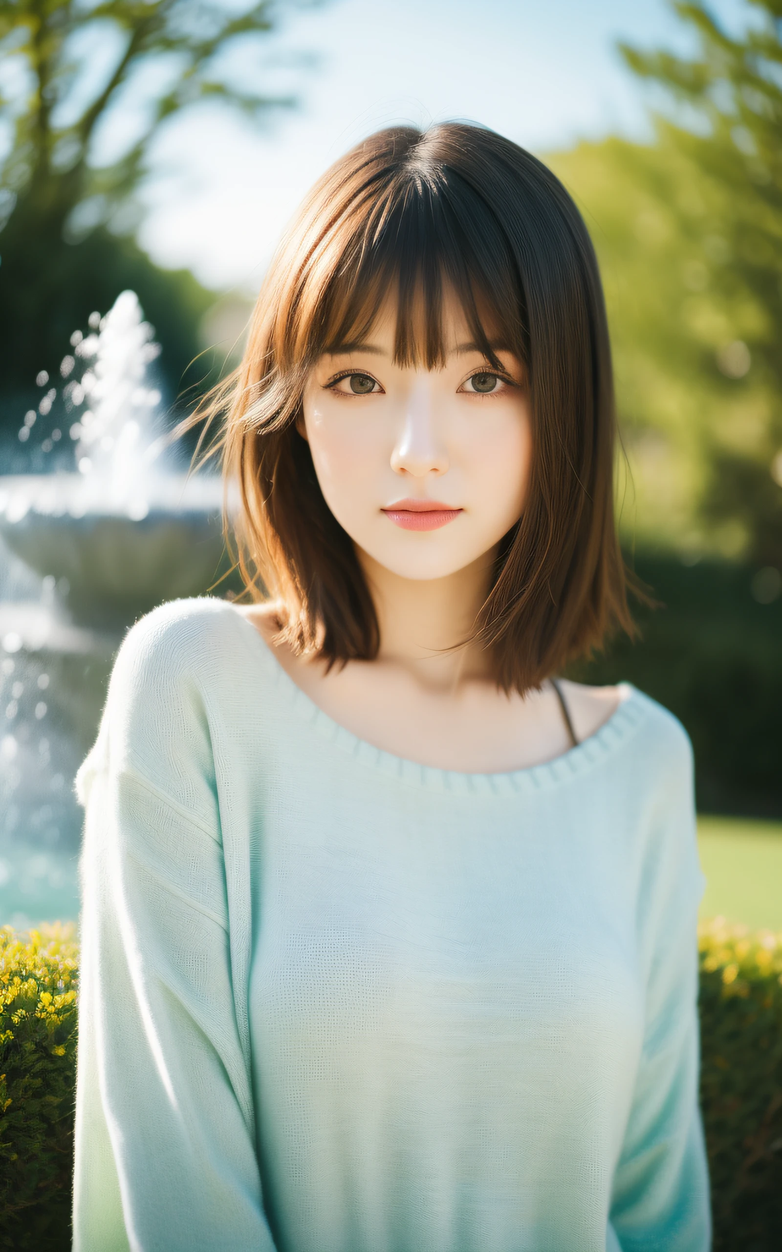 masterpiece, Best Quality, 8K, 1 girl, park with fountain, 20 yo, medium breast, cuddly, Solo, sad, spring outfit, Cute, Girly, Delicate girl, Neat and clean beauty, Raw photo, Professional Photography, Portrait, Soft light, Professional Lighting, Back lighting, Upper body, look forward to your eyes, Sophisticated, Film grain, (Eyes and faces with detailed:1.0), short hair, beautiful brown flowing hair,