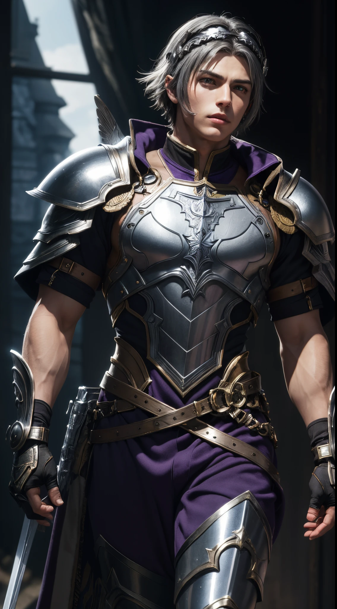 (absurdres, highres, ultra detailed, HDR), masterpiece, best quality, Valkyrie Profile Character handsome boy in purple Valkyrie suit short hair wearing headgear silver dark grey hair