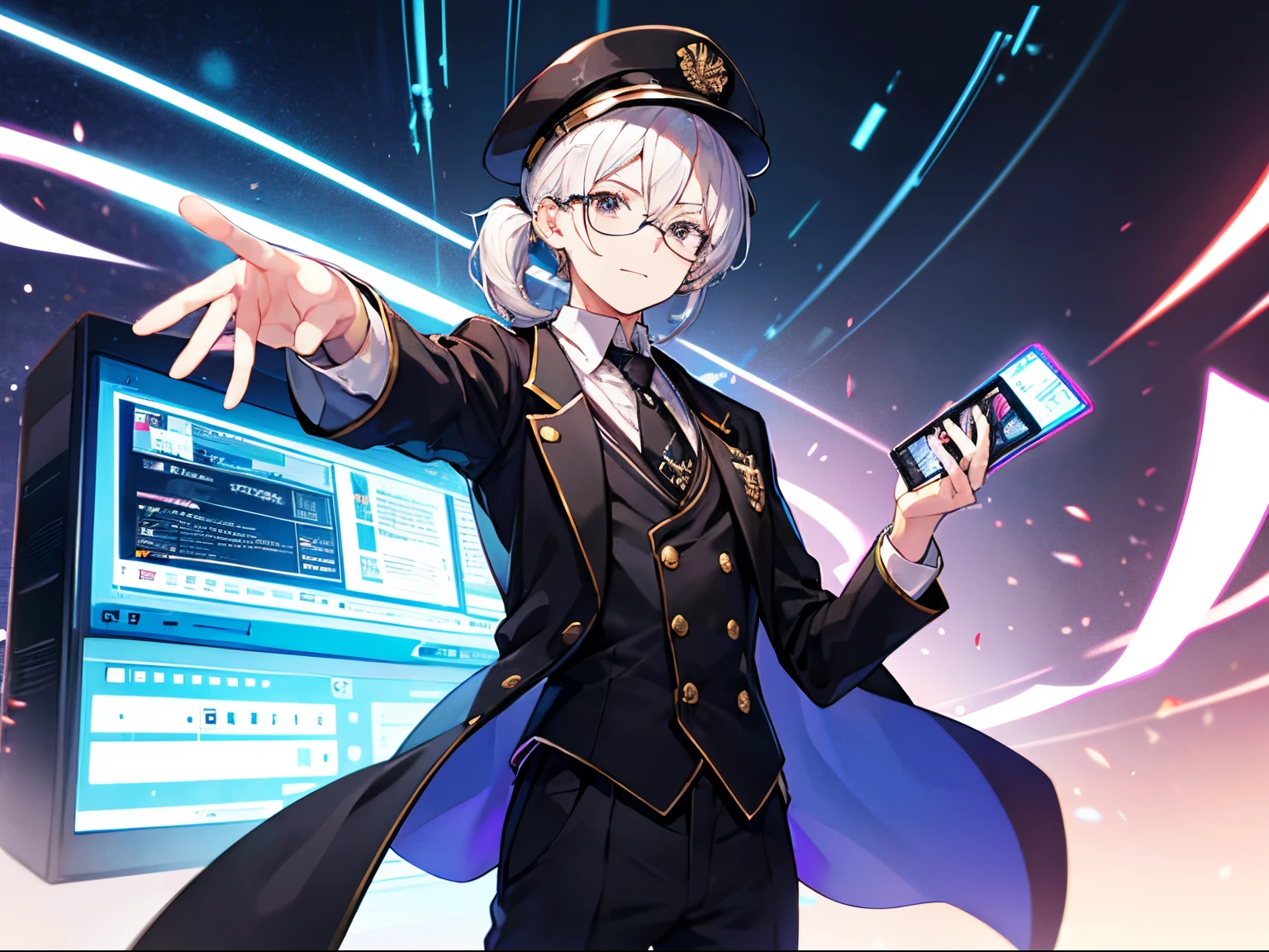 (masutepiece)(high-detail)male in his 20s、white hair、poneyTail、Hats、tailcoat、neck tie、He wears round glasses with no rims、holding a smartphone in one hand、bright expression、Happily、Background with(It's like science fiction、Computer LCD screen floating、He is trying to touch the LCD screen with one hand.)