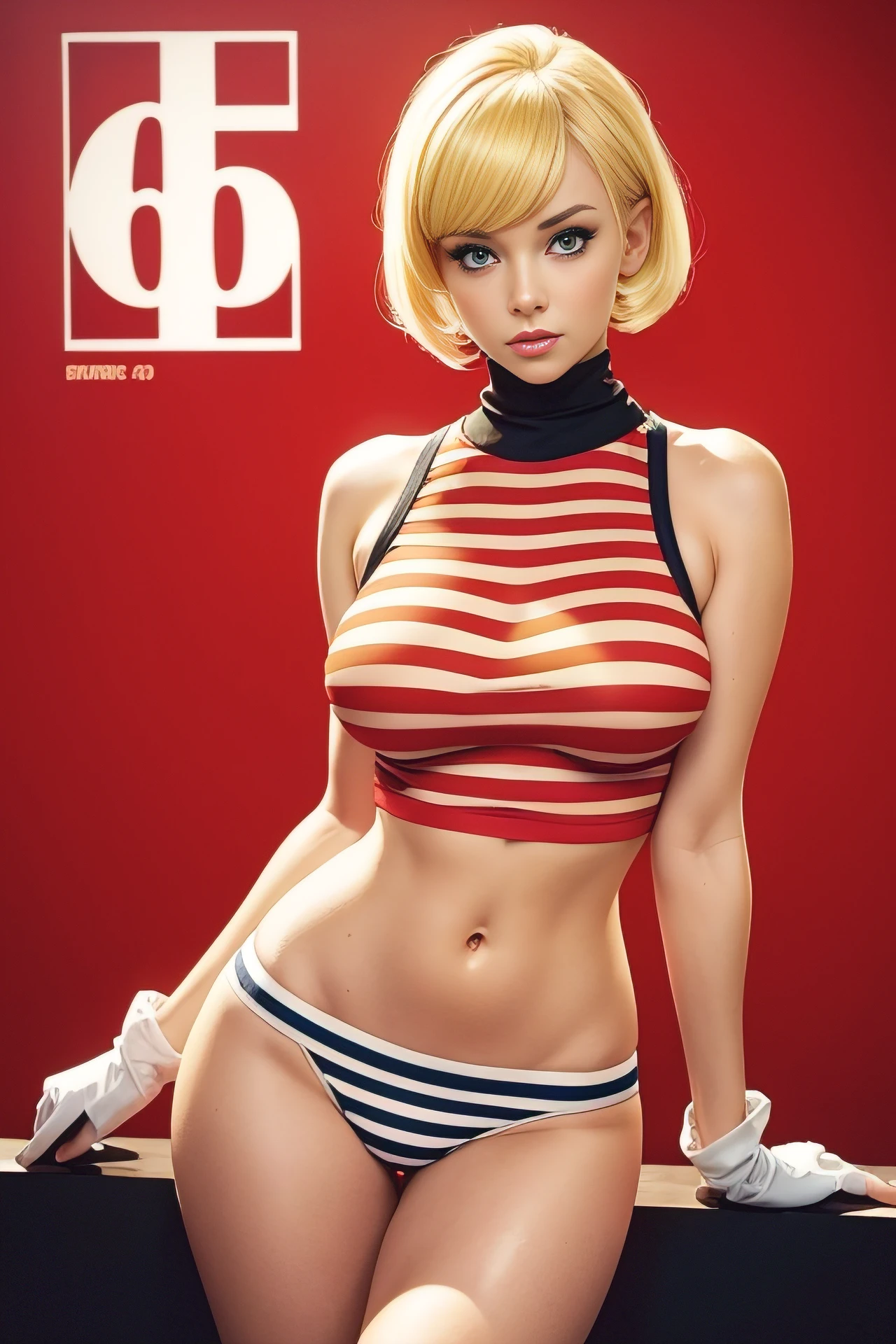 blond woman with short hair and a striped turtle neck shirt with a sexy and hot underwear, a photo by Allan Linder, flickr, pop art, hair, 60s style, 60 s style, brigitte bardot, 1960s style, retro 60s fashion, poppy, cut, medium yellow blond hair, pixie, yellow hair, sexy pose, hot and sexy girl, medium breast, lovely eyes, red background, erotic photography, sexy photo, wet and wild,
