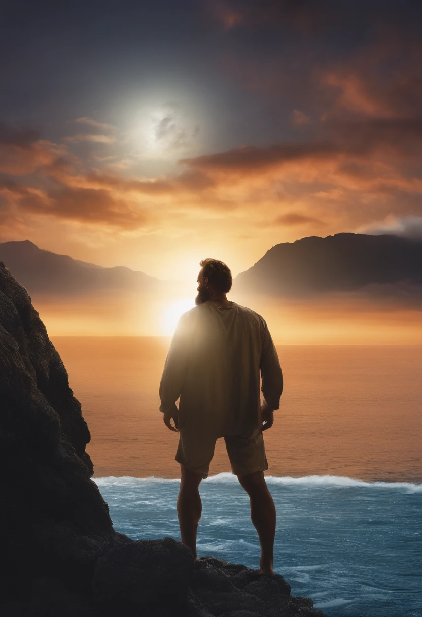 An image of Chuck standing on a rocky cliff, looking out at the vast ocean under a starry sky,Cast Away (2000),Chuck Noland, portrayed by Tom Hanks in the film “Cast Away,” is currently stranded on a deserted island in the Pacific Ocean.  Sunburnt and bearded, with long, unkempt hair, his physical condition reflects the harsh realities of island survival.