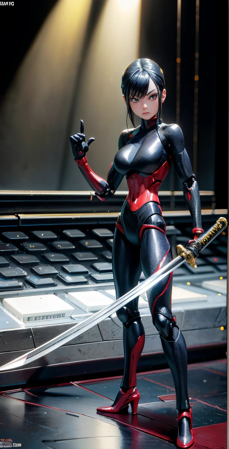 Girl PVC pose, as an action figure, attack pose, Draw her katana, actionfigure, Fighting posture, ( Very detailed diagram ), 3 / 4 poses, Intimidating posture, Character posing, she is holding a katana sword, Pop-up parade figures, Figma, Taking a photo with a sword