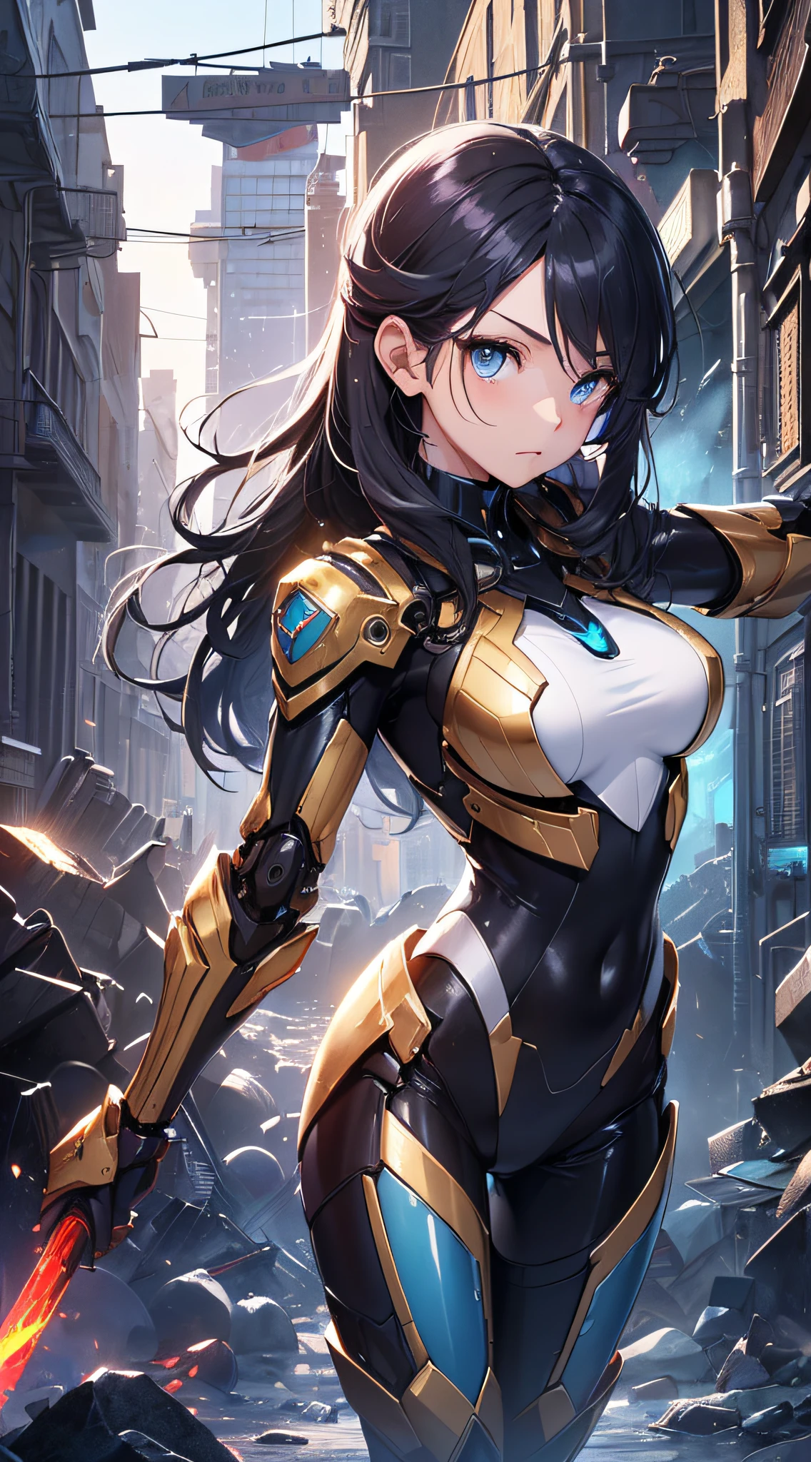 top-quality、Top image quality、​masterpiece、girl with((red and blue mechanical body armor、red mechanic arm、purple leg arms、Shining gold body line、sixteen years old、teen ager、cute little、Best Bust、big bast,Beautiful light blue eyes、Breasts wide open, silver flight unit,Black hair semi-long、A slender,Large valleys、belligerent movements,glowing whip、)),hiquality、Beautiful Art、Background with((mechanic city、Pillar of fire)))、Depth((Black Giant Robot)),masutepiece、depth of fields,Cinematic style