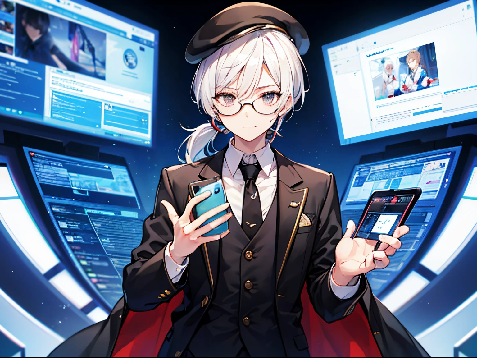 (masutepiece)(high-detail)male in his 20s、white hair、poneyTail、Hats、tailcoat、neck tie、He wears round glasses with no rims、holding a smartphone in one hand、bright expression、Happily、Background with(It's like science fiction、Computer LCD screen floating、He is trying to touch the LCD screen with one hand.)