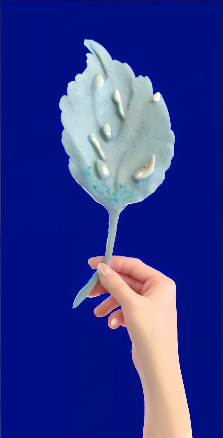 Someone is holding a fake flower in his hand on a blue background, Feathers made from seaweed, big leafs, glazed ceramic, leafs, algae plume, very detailed leaves, blue backdrop, microchip leaves, leafs, spoon placed, very detailed leaves, translucent leaves, An intricate leaf of fantasy, green glaze, product introduction photos, made of leaves