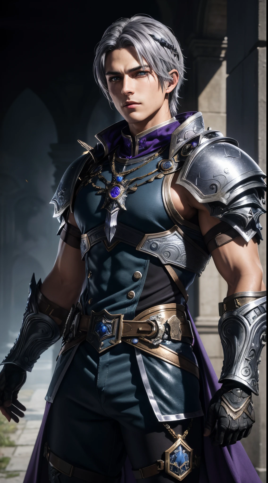 (absurdres, highres, ultra detailed, HDR), masterpiece, best quality, Valkyrie Profile Character handsome boy in purple Valkyrie suit short hair wearing headgear silver dark grey hair