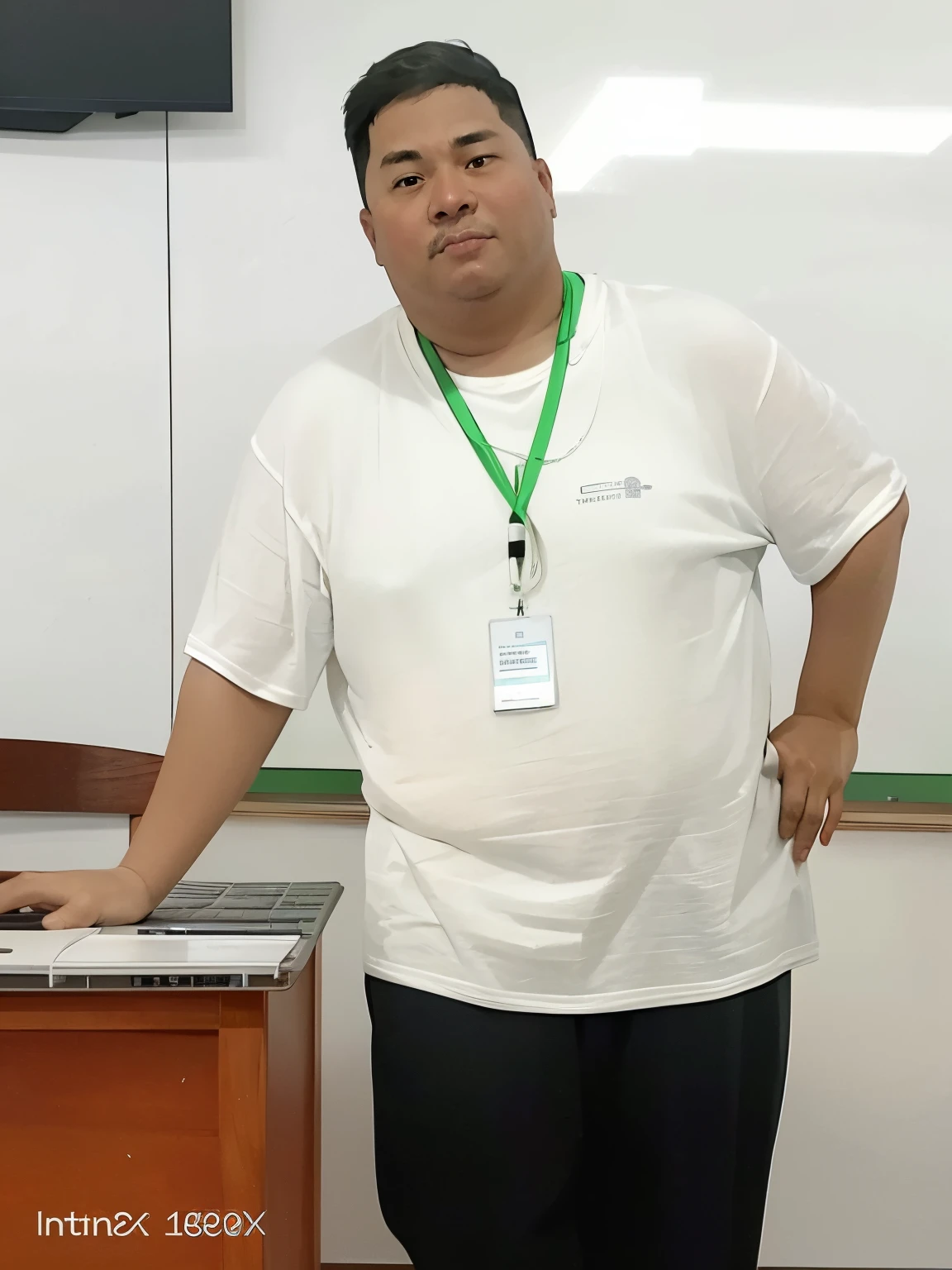 there is a man standing in front of a desk with a laptop, standing in class, full body picture, anime, cartoons.