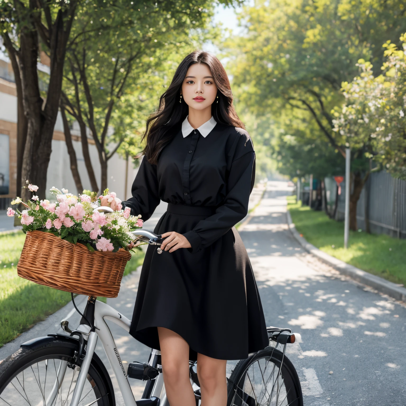 ((tmasterpiece,Best quality at best,Detailed pubic hair)) 8K, 4K, A high resolution, 1个Giant Breast Girl, Alone,  Black hair, long whitr hair, woven, with brown eye, bikes , Riding, Bicycle basket, basket, :3, pathway, on road, blossoms, The tree, SakuraNS, white  shirt, Black dress, Fluffy Shirt, Puffy skirt