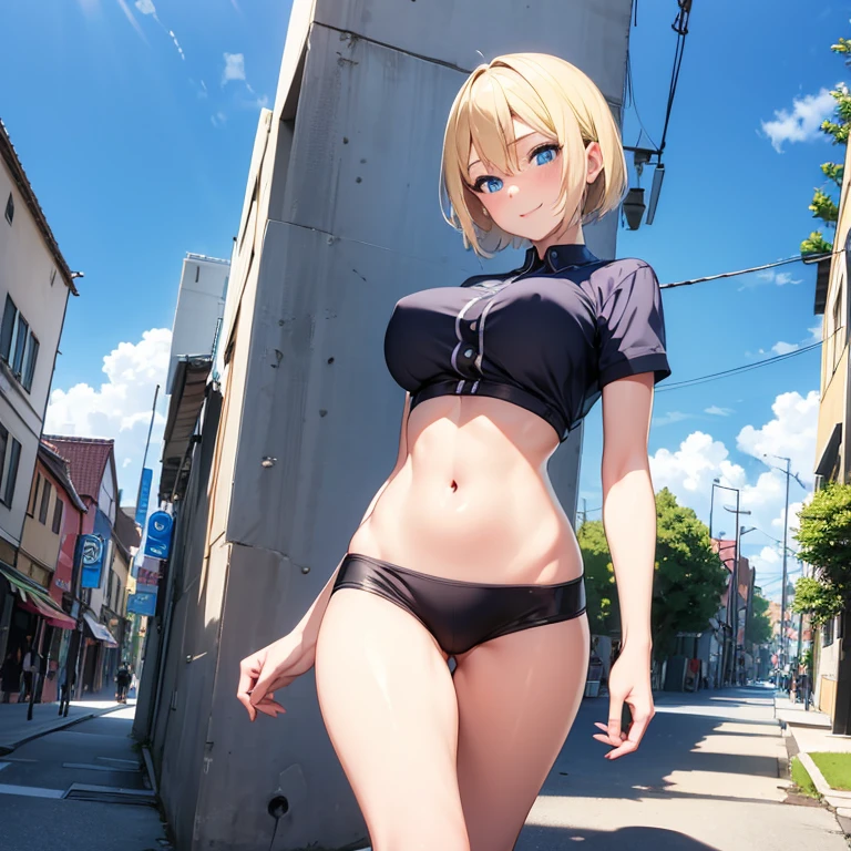 2D Anime Style、Blue eyes、 are slightly larger、A cool adult woman with short blonde hair and a shy smile.、Fashion that shows off your stomach, Walk around town while touching your hair...........,