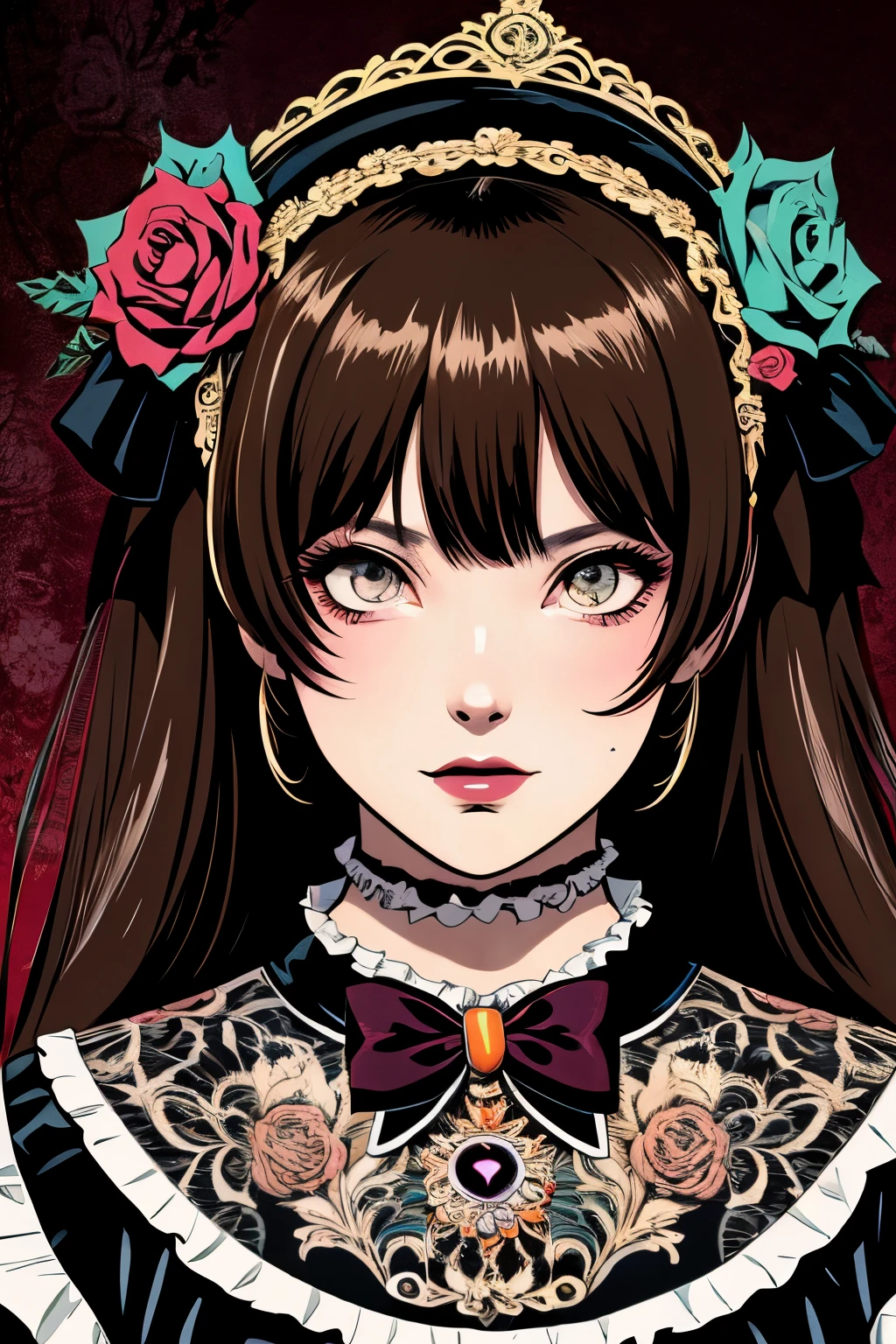 Beautiful Hardcore Illustration Homepage Illustration Style, Dark, High resolution, Hard-touch illustration, strong contours, Two girls, Gothic & Lolita style, Gothic & Lolita Fashion, 8K, American comic book style, Colorful background, Hiroyuki Nagasaka, aggressive, Beautiful face, Cool Beauty, Dress, Beauty style, Rainbow Color, buttle, hard illustration, brown haired, two people, Halloween, Rose, Backwards,