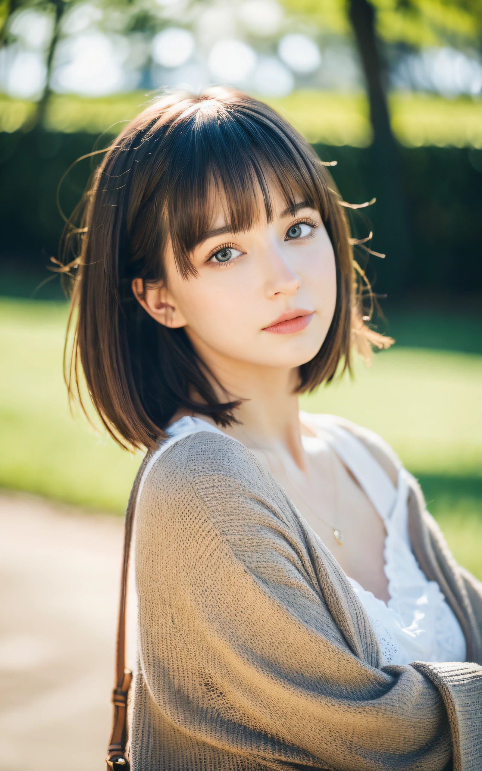 masterpiece, Best Quality, 8K, 1 girl, park with fountain, 20 yo, medium breast, cuddly, Solo, sad, spring outfit, Cute, Girly, Delicate girl, Neat and clean beauty,  Raw photo, Professional Photography, Portrait, Soft light, Professional Lighting, Back lighting, Upper body, look forward to your eyes, Sophisticated, Film grain, (Eyes and faces with detailed:1.0), short hair, beautiful brown flowing hair,