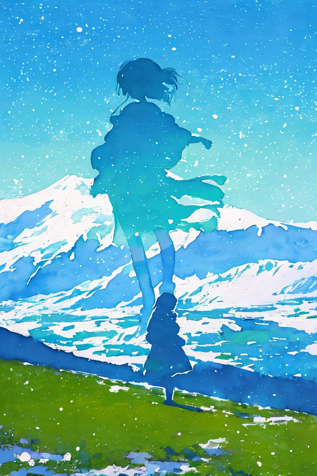 watercolor paiting、Silhouette style。anime wallpaper。Silhouette design。digital graphic art。Splash paint。High contrast。Bright screen。girl with。Pastel Green。Snowy mountains in the background。