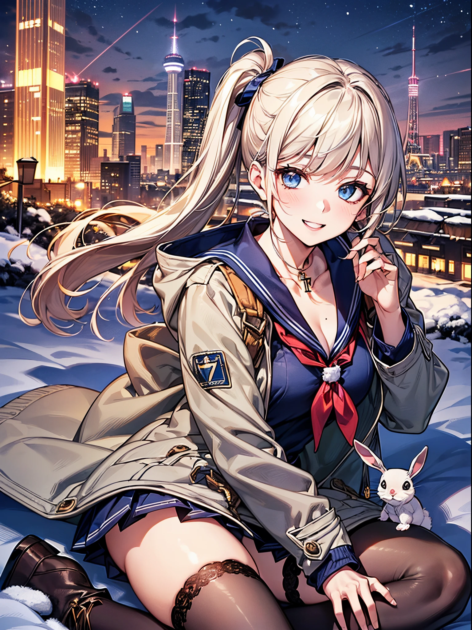 ((((perfect anatomy, super detailed skin)))), 1 girl, japanese, high school girl, shiny skin, large breasts:0.5, watching the view, 
beautiful hair, beautiful face, beautiful detailed eyes, (long hair:1.7, side ponytail:1.5), blond hair, blue eyes, 
beautiful clavicle, beautiful body, beautiful chest, beautiful thigh, beautiful legs, face, mole under eye, 
(((gray duffle coat), ((long sleeves)), all navy sailor suit, navy pleated skirt, navy sailor collar, red sailor scarf, thigh-highs, short boots), school bag, cross necklace), seductive thighs, , 
((smile:1.5, open your mouth wide)), sitting, (((hugging netherlands dwarf rabbit, a lot of rabbits))), 
(beautiful scenery), winter, midnight, hokkaido, sapporo, odori park, christmas, (christmas tree), illumination, tv tower, snow, snowfall:1.5, freezing weather, frost, 
(8k, top-quality, masterpiece​:1.2, extremely detailed), (photorealistic), beautiful illustration, cinematic lighting,