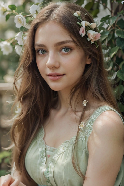 (girl,beautiful detailed eyes:1.1,beautiful detailed lips:1.1,extremely detailed eyes and face,green eyes,rosy glossy lips,light green eyes, long straight hair,subtle smile,delicate pose,looking at the viewer,holding flowers), oil painting,ultra-detailed,portrait,natural lighting,pastel color palette, period dress,