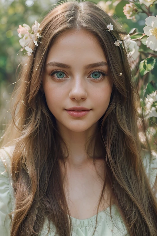 (girl,beautiful detailed eyes:1.1,beautiful detailed lips:1.1,extremely detailed eyes and face,green eyes,rosy glossy lips,light green eyes, long straight hair,subtle smile,delicate pose,looking at the viewer,holding flowers), oil painting,ultra-detailed,portrait,natural lighting,pastel color palette, period dress,