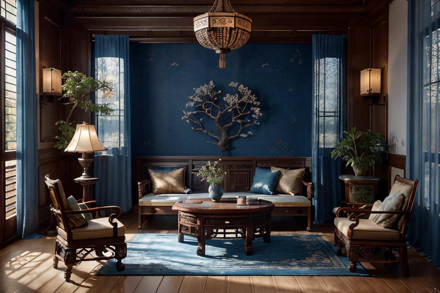 (antique interior design), Chinese home furnishings, round porch, depth, symmetrical design, ((antique carved door beams, carved beam paintings, tables and chairs, bonsai, vases, porcelain, trees, flowers, Chinese lamps, embroidery, screens, beds, cushions, blue sand curtains)), exquisite home, rich details, ancient Chinese Ming Dynasty style, quiet and elegant atmosphere, blue tones as the keynote, exquisite and soft painting style, cinematic lighting effects, HD picture quality, soft light, Tyndall effect, dreamy, rich details, Reference Gu Kaizhi, 32k, high quality, high resolution, (very detailed CG unity 8k wallpaper)