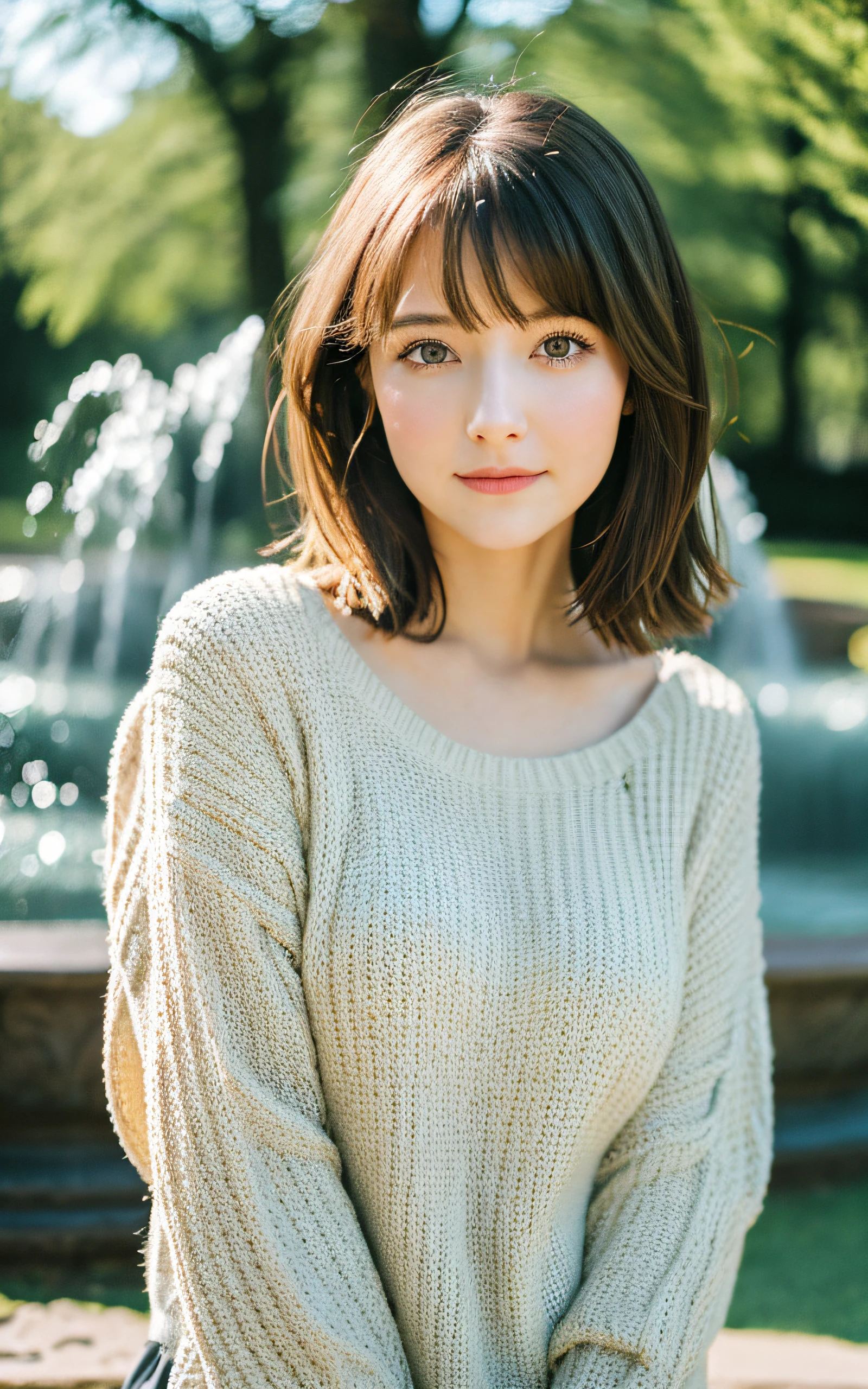 masterpiece, Best Quality, 8K, 1 girl, park with fountain, 20 yo, medium breast, cuddly, Solo, sad, spring outfit, Cute, Girly, Delicate girl, Neat and clean beauty,  Raw photo, Professional Photography, Portrait, Soft light, Professional Lighting, Back lighting, Upper body, look forward to your eyes, Sophisticated, Film grain, (Eyes and faces with detailed:1.0), short hair, beautiful brown flowing hair,