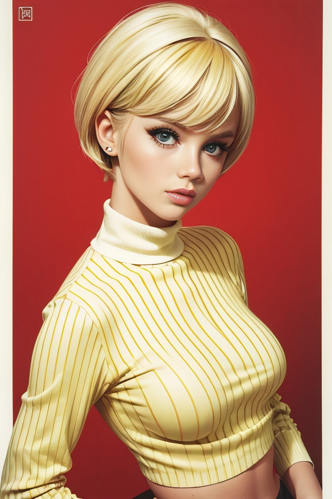 blond woman with short hair and a striped turtle neck shirt with a sexy white underwear,  a photo by Allan Linder, flickr, pop art,  hair, 60s style, 60 s style, brigitte bardot, 1960s style, retro 60 s fashion, poppy,  cut, medium yellow blond hair, pixie, yellow hair, sexy pose, hot and sexy, medium breast, lovely eyes, red background