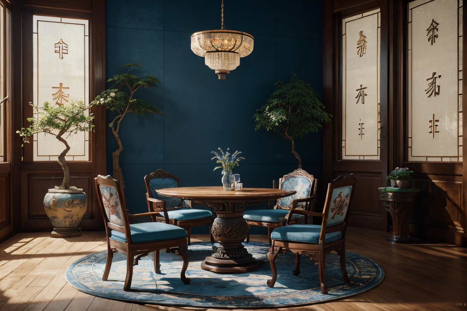 (antique interior design), Chinese home furnishings, round porch, depth, symmetrical design, ((antique carved door beams, carved beam paintings, tables and chairs, bonsai, vases, porcelain, trees, flowers, Chinese lamps, embroidery, screens, beds, cushions, blue sand curtains)), exquisite home, rich details, ancient Chinese Ming Dynasty style, quiet and elegant atmosphere, blue tones as the keynote, exquisite and soft painting style, cinematic lighting effects, HD picture quality, soft light, Tyndall effect, dreamy, rich details, Reference Gu Kaizhi, 32k, high quality, high resolution, (very detailed CG unity 8k wallpaper)