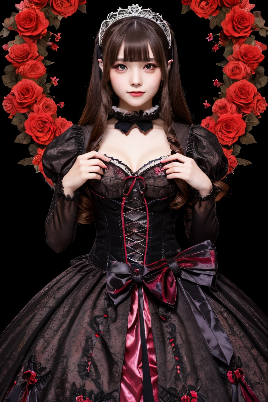 Beautiful Hardcore Illustration Homepage Illustration Style, Dark, High resolution, Hard-touch illustration, strong contours, Two girls, Gothic & ta style, Gothic & Loliashion, 8K, American comic book style, Colorful background, Hiroyuki Nagasaka, aggressive, Beautiful face, Cool Beauty, Dress, Beauty style, Rainbow Color, buttle, hard illustration, brown haired, two people, Halloween, Rose, Backwards,