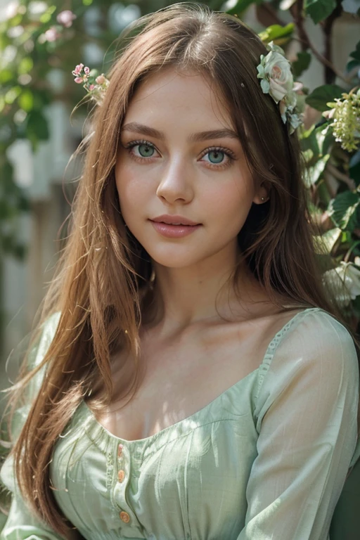 (girl,beautiful detailed eyes:1.1,beautiful detailed lips:1.1,extremely detailed eyes and face,green eyes,rosy glossy lips,light green eyes, long straight hair,subtle smile,delicate pose,looking at the viewer,holding flowers), oil painting,ultra-detailed,portrait,natural lighting,pastel color palette, period dress,