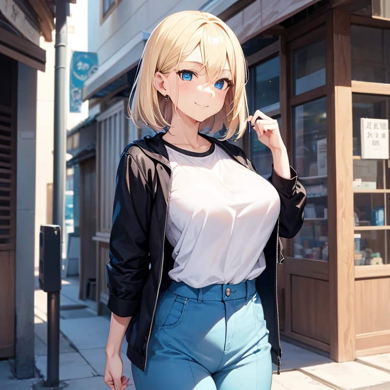 2D Anime Style、Blue eyes、breasts are slightly larger、Short blonde hair with a slight light blue gradation、A cool adult woman with a shy smile....、black fashion, Walk around town while touching your hair...........,