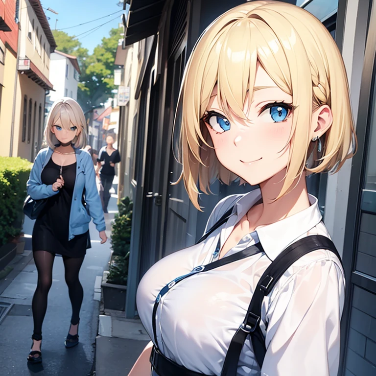 2D Anime Style、Blue eyes、breasts are slightly larger、Short blonde hair with a slight light blue gradation、A cool adult woman with a shy smile....、black fashion, Walk around town while touching your hair...........,