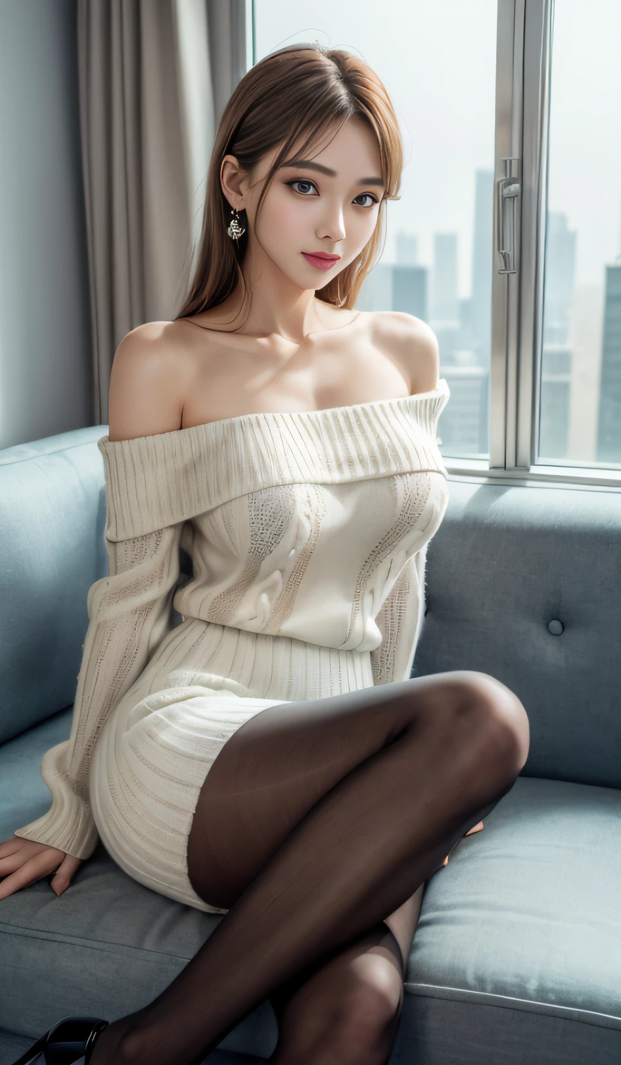 ((Woman sitting cross-legged on a sofa in the office))、tmasterpiece、top-quality、超A high resolution、8K、high-level image quality、Live action、Photogenic clarity、A detailed eye、gradients、perfect anatomy body proportions ,hard disk、nffsw , Nikon Z9 80mm Lens 、masutepiece、Beautiful Female Teacher, Skirt and thighs、20yr old、Take a walk in the hallway、((Off-shoulder hand-knitted pure white dress、Sweaters)), Young and beautiful girl, perfect body type, perfect body type, full pov, Perfect body, (Starting below:1.3), (sexypose),(A smile)(Wear pantyhose,Realistic Pantyhose)、(Beautiful breasts:1.0), long sexy legs, (Thigh gap:1.5), Pretty Korean girl, Kpop Idol,(pale skin), (Big eyes)、super detailing, realistic skin textures, Detal Face, Beautiful detail eyes, Makeup - Makeup、Sparkling eyes、shiny lip、high-heels、(Officelady),(The skyscraper outside the window is hazy),((erection))