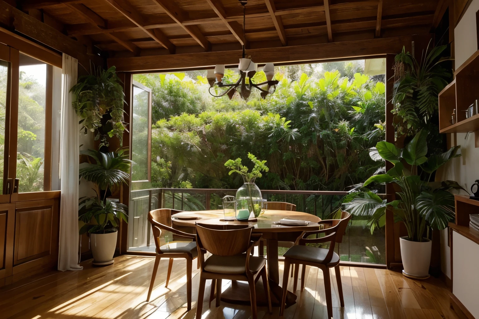 Crie uma imagem que represente uma sala bem iluminada e aconchegante, decorada com plantas de interior exuberantes. As plantas devem estar estrategicamente posicionadas em vasos coloridos, adicionando um toque de verde e frescor ao ambiente. A imagem deve transmitir a ideia de serenidade e tranquilidade, Highlighting the balance between nature and décor.