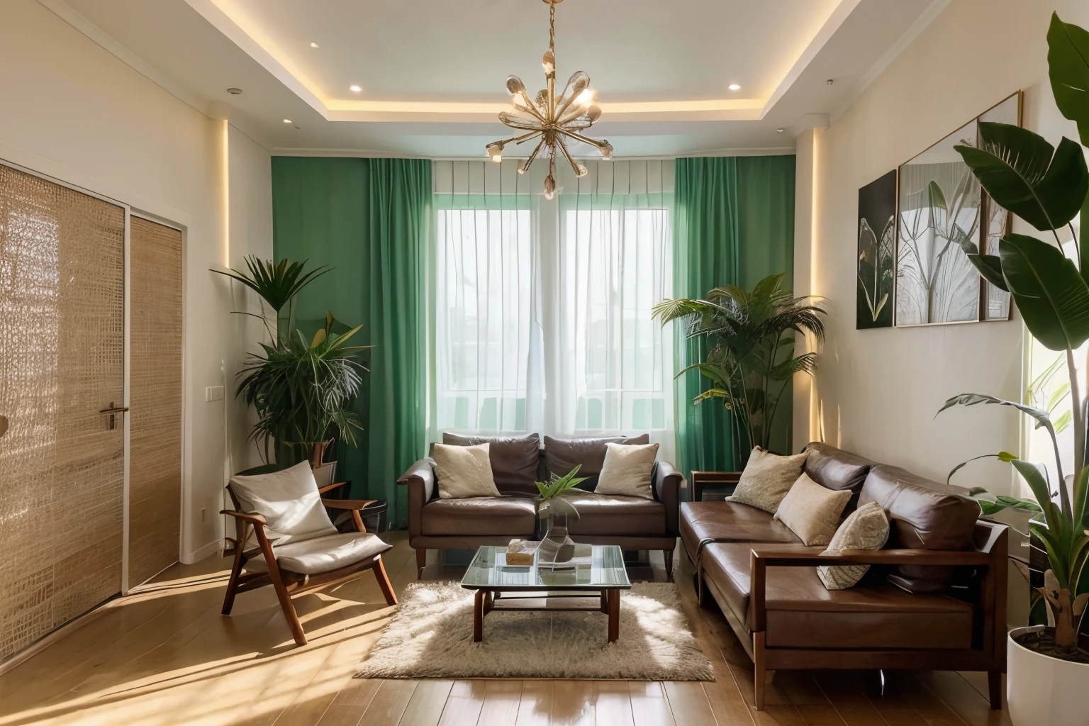 Crie uma imagem que represente uma sala bem iluminada e aconchegante, decorada com plantas de interior exuberantes. As plantas devem estar estrategicamente posicionadas em vasos coloridos, adicionando um toque de verde e frescor ao ambiente. A imagem deve transmitir a ideia de serenidade e tranquilidade, Highlighting the balance between nature and décor.