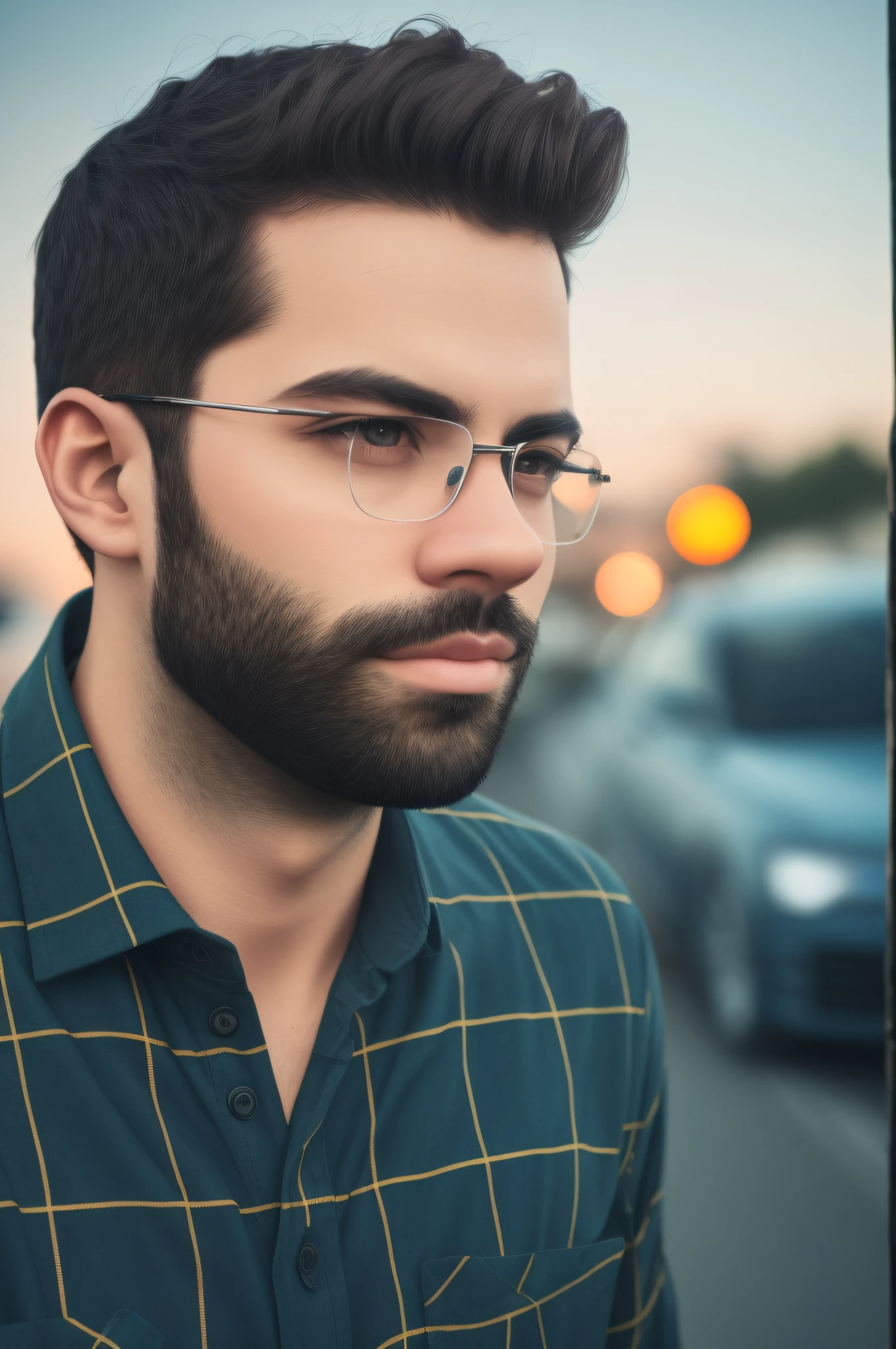 portrait of a modern dark-haired man, detailed face,  in a plaid dark shirt,  on the street of the city, near a blue Audi car, evening, neon, lanterns,  dramatic sky, nature