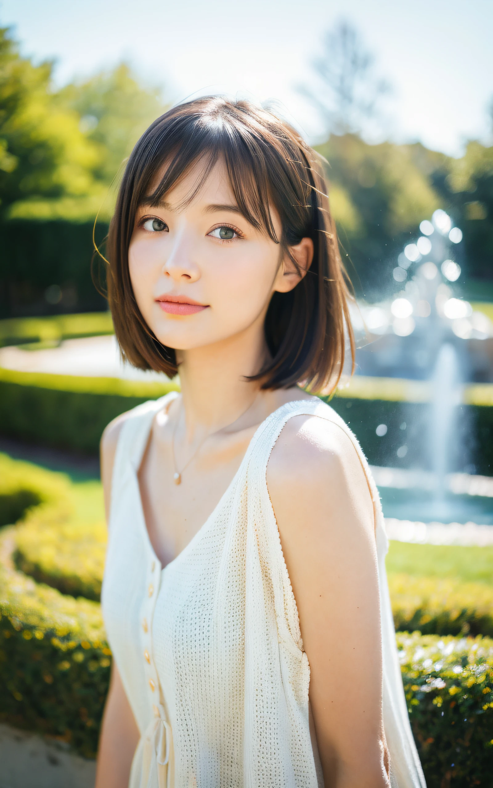 masterpiece, Best Quality, 8K, 1 girl, park with fountain, 20 yo, medium breast, cuddly, Solo, sad, spring outfit, Cute, Girly, Delicate girl, Neat and clean beauty,  Raw photo, Professional Photography, Portrait, Soft light, Professional Lighting, Back lighting, Upper body, look forward to your eyes, Sophisticated, Film grain, (Eyes and faces with detailed:1.0), short hair, beautiful brown flowing hair,
