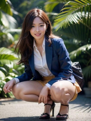 (8K High Resolution), (top-quality), (Raw quality),(masutepiece:1.2), (realisitic), (Photorealistic:1.37), ,Large eyes,long eyeslashes,(Live-action realistic style),The Ultimate Face,realistic light and shadow,Clear facial features,,Fair skin, ),Best portraits,Shooting at close range, 1 rapariga, Cute,Beautiful detailed eyes,highlydetailed skin,(Beautiful face with double eyelids), (Realism: 1.4),((Full body image)) ,Detailed and beautiful face,,Women around 20 years old,(Beautiful Face 1.4),Middle hair,((Japan woman in business suit)),(Make eye contact with your audience),red lipsticks,Limping around the eyes,(Laugh a little),In the tropical jungle,Sit upright on one knee.,The skirt is rolled up.、Panties look perfect..,Pastel colors panties,I love showing my panties to my viewers,Show your panties to your audience,Beautiful face reflected in the light,red lipsticks,Limping around the eyes,Very beautiful feet are attractive,