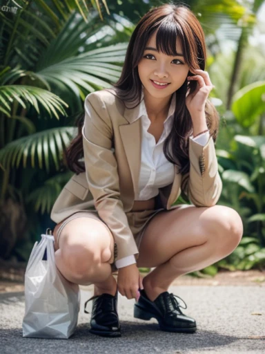((top-quality、in 8K、masterpiece:1.3、Raw photo))、Super high quality photos, In the tropical jungle, ((Wearing a business suit with jacket and skirt)), ((The wind is blowing up my skirt and I can see my panties.)),((squatting with legs closed)),((Wear a white blouse shirt under the jacket)), ((Perfect beauty 20 year old idol Japan woman)), ((a smile)), ((protruding nipples under the shirt,,)), ((Hair fluttering in the wind)), ((slim figure)), ((Slim legs)), ((slim thigh)), (Photorealistic: 1.4), (Ultra-high detail), (hyper realisitic: 1.4), (Realistic: 1.3), (Smooth lighting: 1.05), Full body, 1girl in, Solo, (Japanese actressl), 20yr old, cinematlic lighting, ((Leaner figure)), Good anatomy, Correct anatomy, In the tropical jungle, ((Perfect beauty 20 year old idol Japan woman)), ((Slim legs)), ((slim thigh)), ,((Perfect beauty)), ((He has a small camping bag in one hand.)), ((Panties are visible through the skirt)), ((a smile)), ((camel's toe)), ((Wearing a business suit with jacket and skirt)), ((The wind is blowing up my skirt and I can see my panties.)), ((squatting with legs closed)),