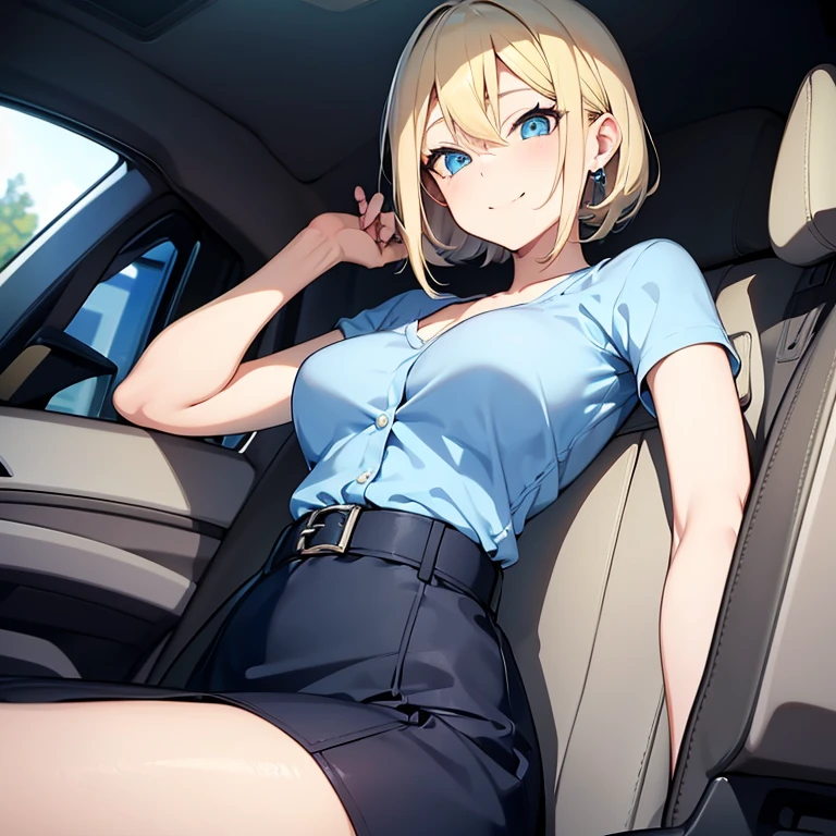 2D Anime Style、Blue eyes、breasts are slightly larger、Short blonde hair with a slight light blue gradation、A cool adult woman with a shy smile....、Black Fashion, Driving a car,
