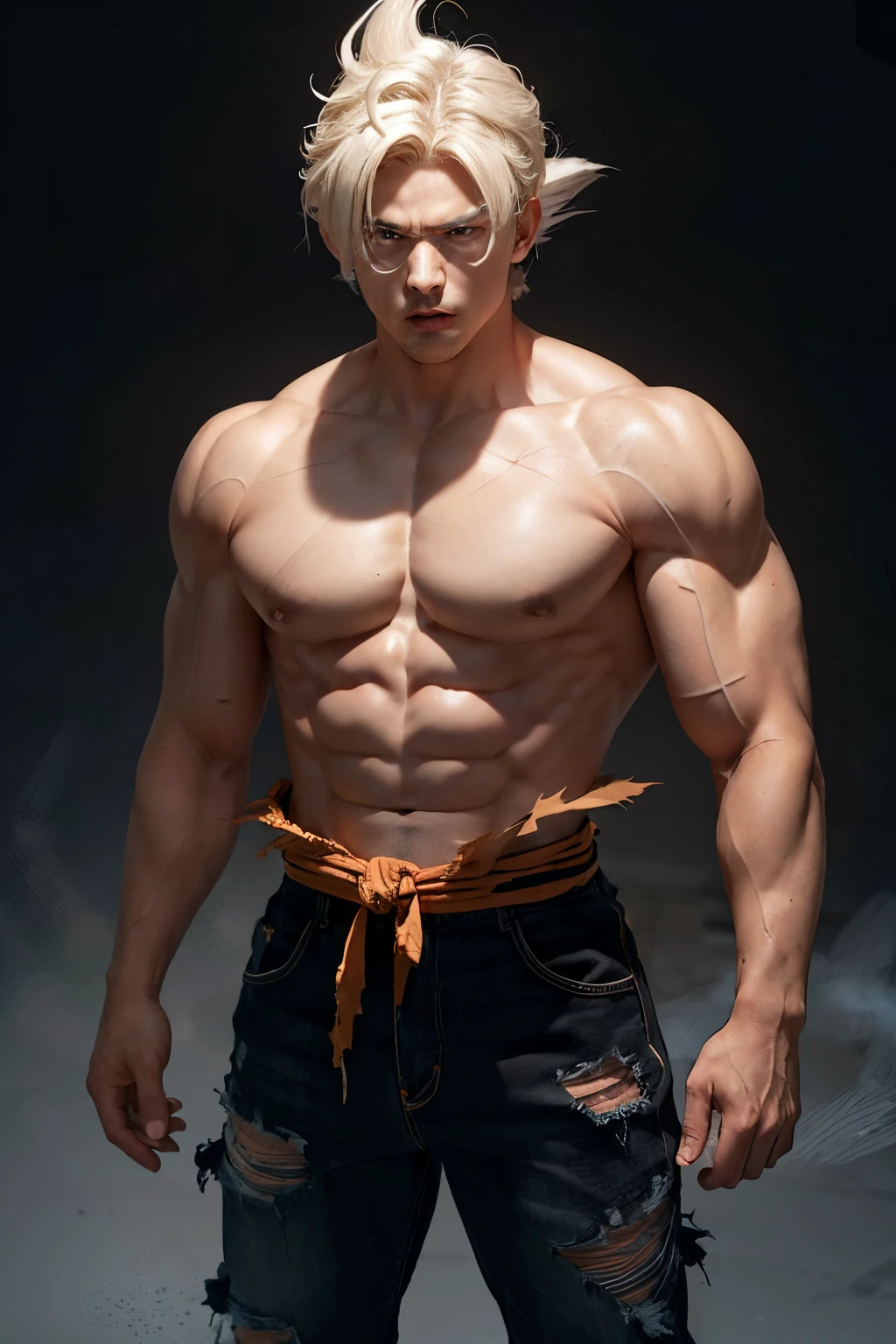 son goku，1 boy，malefocus，musculous，Big muscle man，Rochas，obi strip，Serious，独奏，sparrow hair，Topless male，Torn clothes，ultra instinct，黑The eye，blond hairbl，（（tmasterpiece））