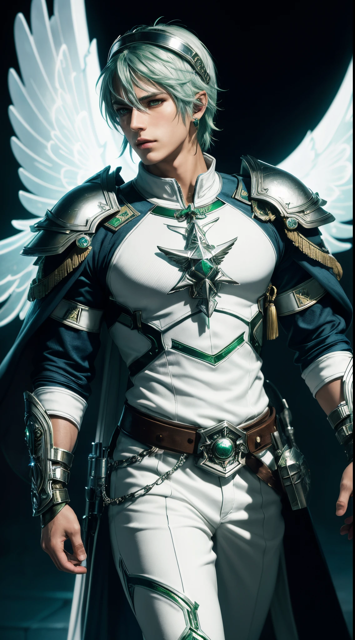 (absurdres, highres, ultra detailed, HDR), masterpiece, best quality, Valkyrie Profile Character handsome boy in white Valkyrie suit short hair wearing headgear silver neon green hair