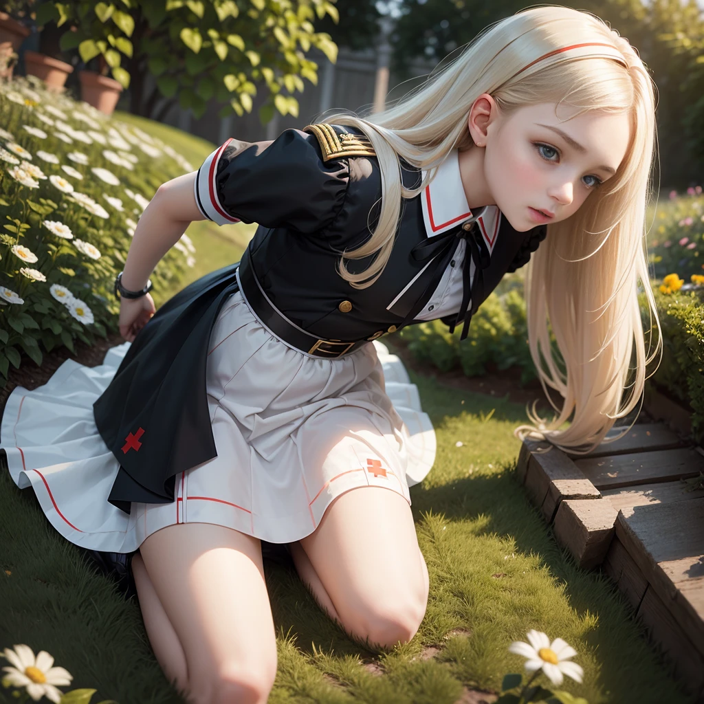 Russia，teens girl，maidennurse，Black long straight，adolable，clever，cherubic，playing in the garden