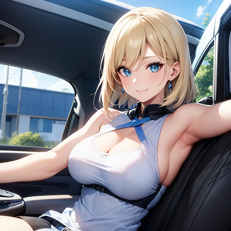 2D Anime Style、Blue eyes、breasts are slightly larger、Short blonde hair with a slight light blue gradation、A cool adult woman with a shy smile....、Black Fashion, Driving a car,