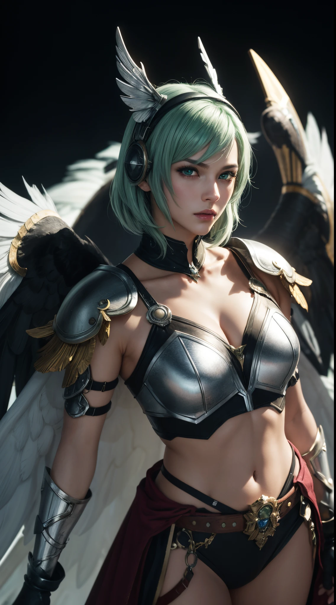 (absurdres, highres, ultra detailed, HDR), masterpiece, best quality, Valkyrie Profile Character handsome boy in white Valkyrie suit short hair wearing headgear silver neon green hair